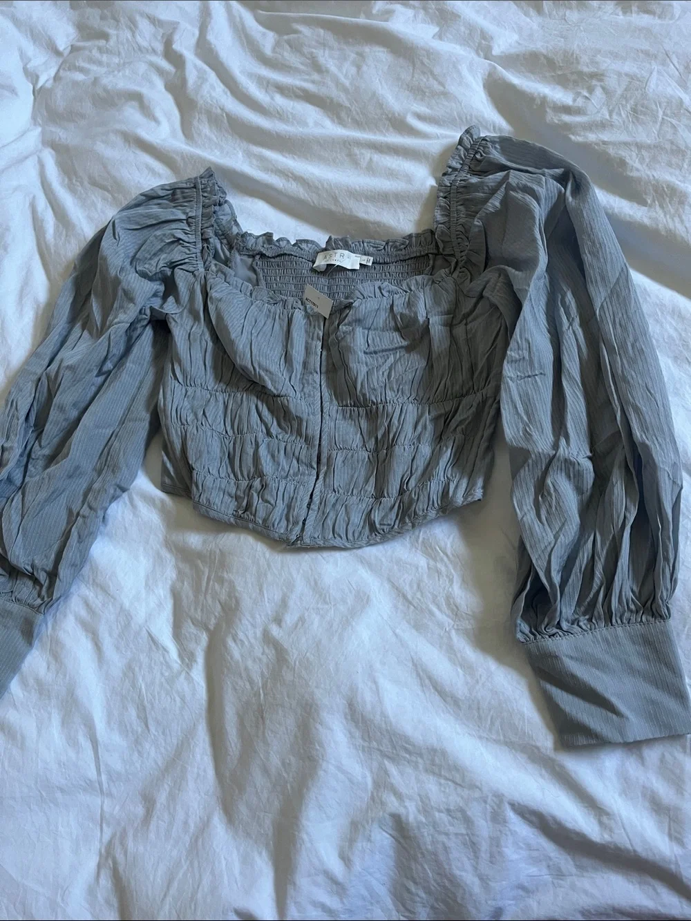 ASTR The Label dusty blue corset claspclosure puff sleeve square neck top blouse